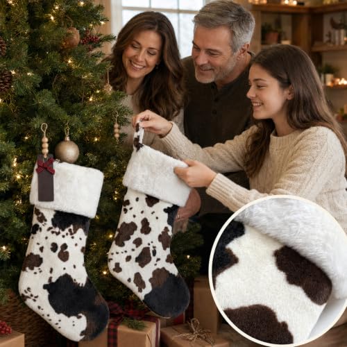 Cow Print Christmas Stockings 20 Inch Faux Fur Personalized Name Tags - Set of 2