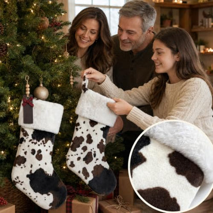 Cow Print Christmas Stockings 20 Inch Faux Fur Personalized Name Tags - Set of 2