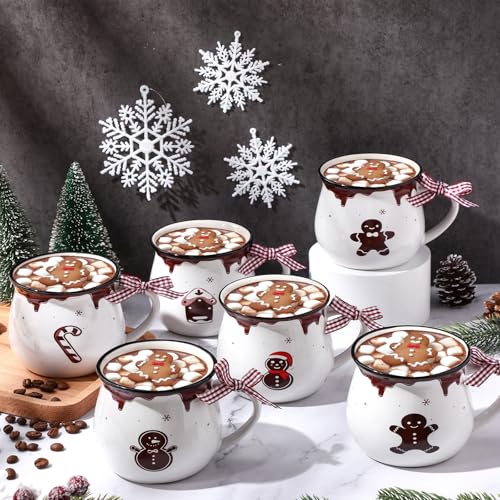 Gingerbread Christmas Coffee Mug Set - 6 Ceramic 12oz Hot Cocoa Cups