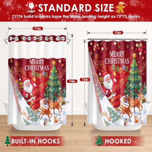 No Hook Christmas Santa Shower Curtain with Snap-in Liner 71x74 Inches - Holiday Bathroom Decor