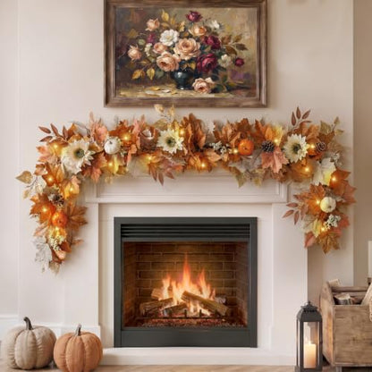 Lighted Fall Garland with Sunflowers Pumpkins and Warm Lights - 6 Feet