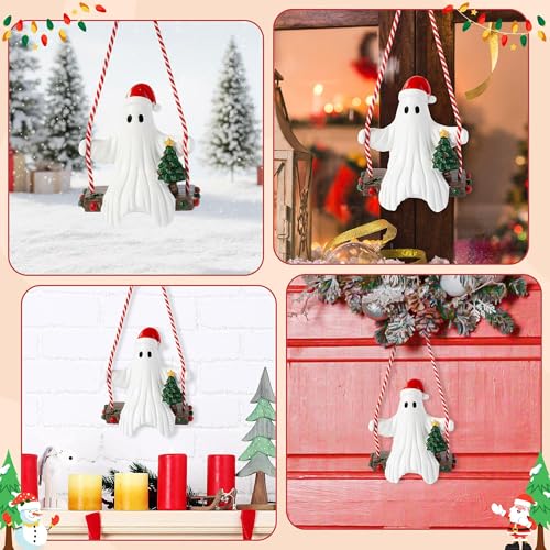 Halloween Ghost Swing Ornament with Santa Hat - Holiday Seasonal Decor