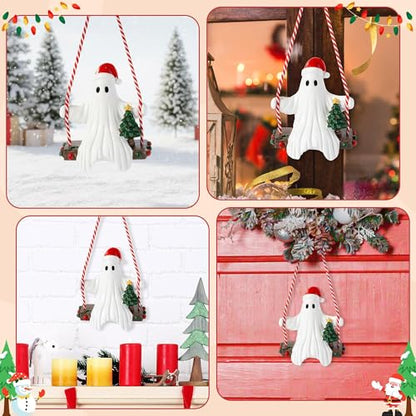 Halloween Ghost Swing Ornament with Santa Hat - Holiday Seasonal Decor