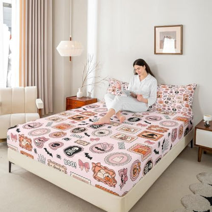 Manfei Halloween Kids Fitted Sheet Set Twin Pink Orange with Ghost Pumpkin - Deep Pocket Bedding