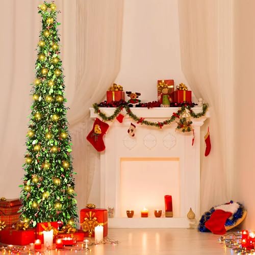 Collapsible 5ft Artificial Christmas Tree with LED String Lights - Red-Berry & Harry-Leaf Variation