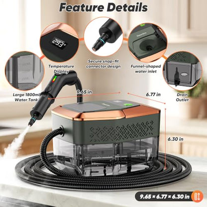 Steam Cleaner for Home with 1800ml Tank, Battery-Free Trigger, Green & Gold