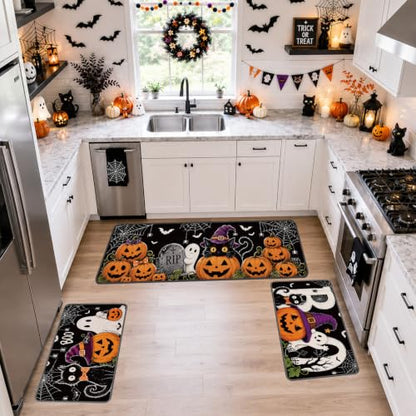 Halloween Kitchen Rugs and Mats Set - Black Cat Ghost Pumpkin Variation