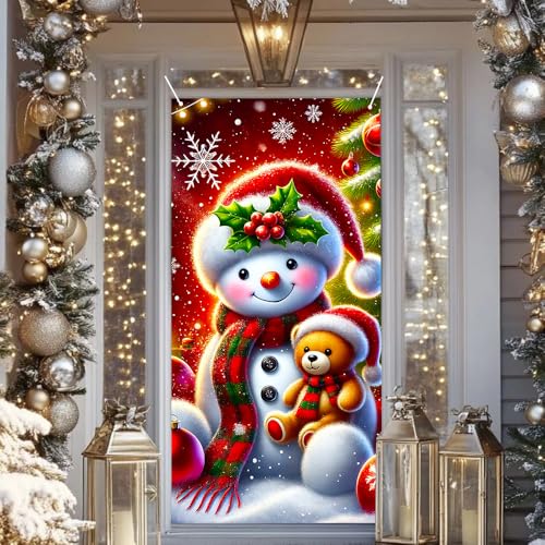Christmas Snowman Door Cover 35x71 Inch Holiday Banner with Teddy Bear - Colorful Banner #02