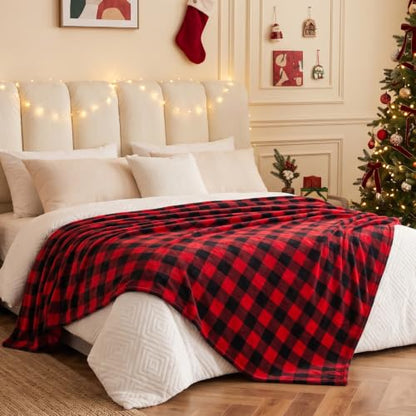 Christmas Fleece Throw Blanket for Couch & Bed - Red & Black Plaid 50x60