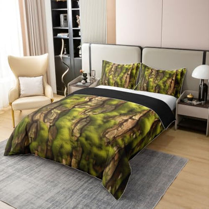 Tree Bark Duvet Cover Set Twin Size Cotton Woodland Bedding - Green Yellow Variation