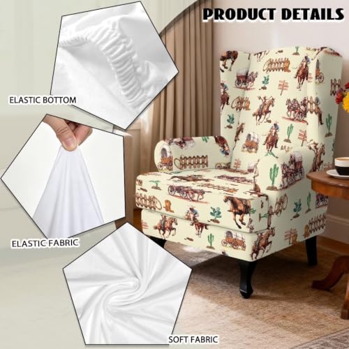 Western Cowboy Horse Wingback Chair Cover Reversible Dustproof Slipcover with Ottoman Protector - Fits Most Wing Chairs, Washable, Furniture Protector