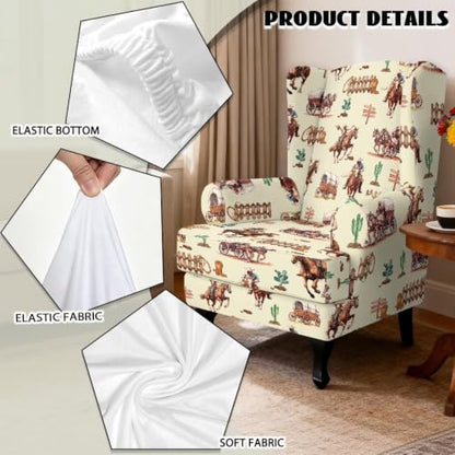 Western Cowboy Horse Wingback Chair Cover Reversible Dustproof Slipcover with Ottoman Protector - Fits Most Wing Chairs, Washable, Furniture Protector