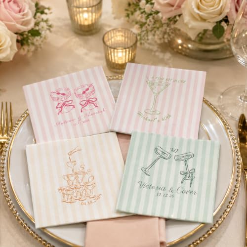 Personalized Wedding Napkins with Name and Date - Style 2, Custom Striped Cocktail Party Supplies