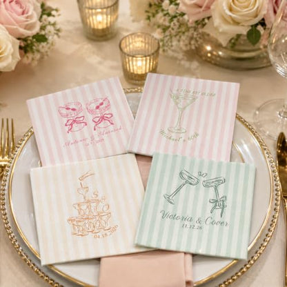 Personalized Wedding Napkins with Name and Date - Style 2, Custom Striped Cocktail Party Supplies