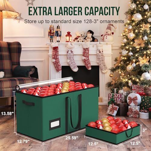 Large Christmas Ornament Storage Box with Adjustable Dividers - Holds 128 Ornaments