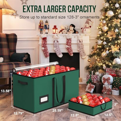 Large Christmas Ornament Storage Box with Adjustable Dividers - Holds 128 Ornaments