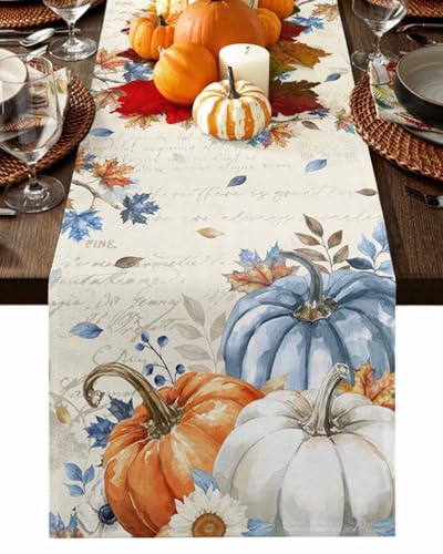 Fall Navy Blue Pumpkin Table Runner 13x36 Inches - Rustic Thanksgiving Decor