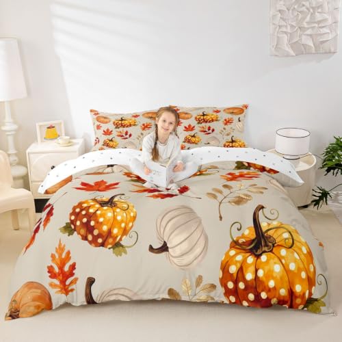 Manfei Watercolor Dot Pumpkin Twin Duvet Cover Set for Kids Boys Girls Beige Orange