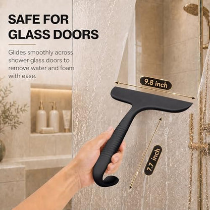 Black Silicone Shower Squeegee for Glass Doors with Built-In Hook