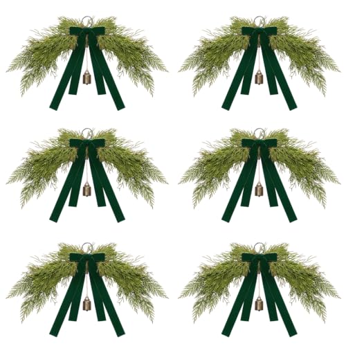 Mini Christmas Swags with Green Velvet Bow & Bell - 6 Pack, 13 Inches
