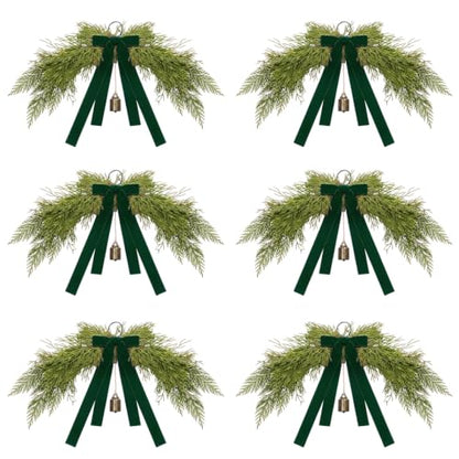 Mini Christmas Swags with Green Velvet Bow & Bell - 6 Pack, 13 Inches