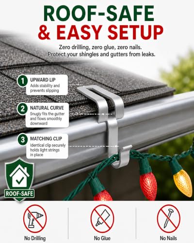 Medium 200PCS Metal Christmas Light Clips for Gutter & Roof - No Tools Needed