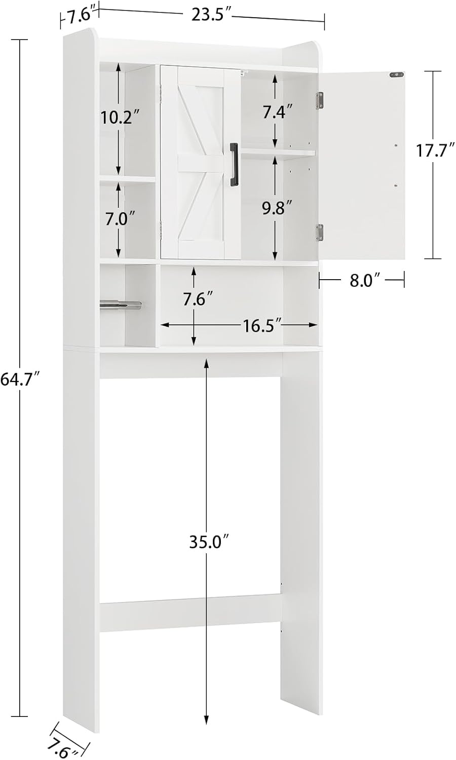 TEENFON Over The Toilet Storage Cabinet - Extra Tall Bathroom Organizer with 4 Open Shelves & 2 Barn Doors | White