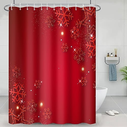 Christmas Shower Curtain 72 x 72 Inches Red Snowflakes Waterproof Polyester Set with Hooks