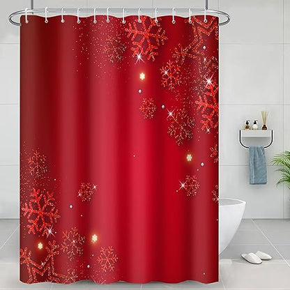 Christmas Shower Curtain 72 x 72 Inches Red Snowflakes Waterproof Polyester Set with Hooks