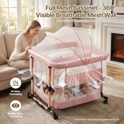 Pink Twin Bassinet for 2 Babies - Portable Rocking Bedside Crib for Twins