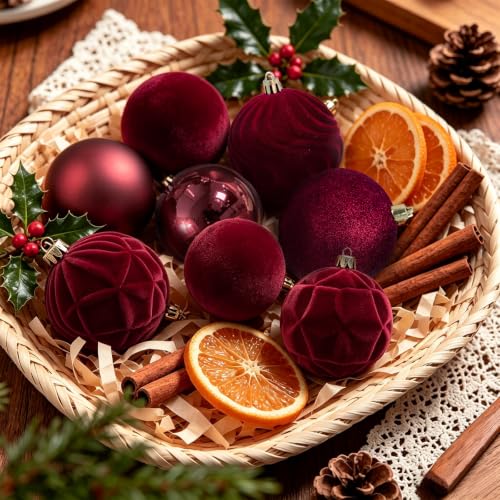 Red Velvet Christmas Ball Ornaments - 40Pcs Shatterproof Holiday Decorations - Medium, 3 Sizes, 7 Styles