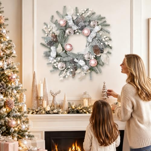 Elyum 20 Inch Christmas Wreath with Lights, Balls, Ribbon, Berries & Pine Cones - Front Door Holiday Decor