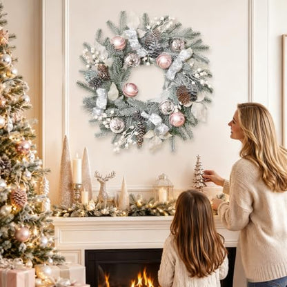 Elyum 20 Inch Christmas Wreath with Lights, Balls, Ribbon, Berries & Pine Cones - Front Door Holiday Decor