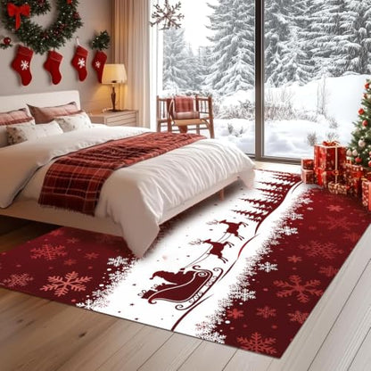 Christmas Area Rug 6x9 ft - Red Santa Sleigh Reindeer Winter Decor - Xmas04