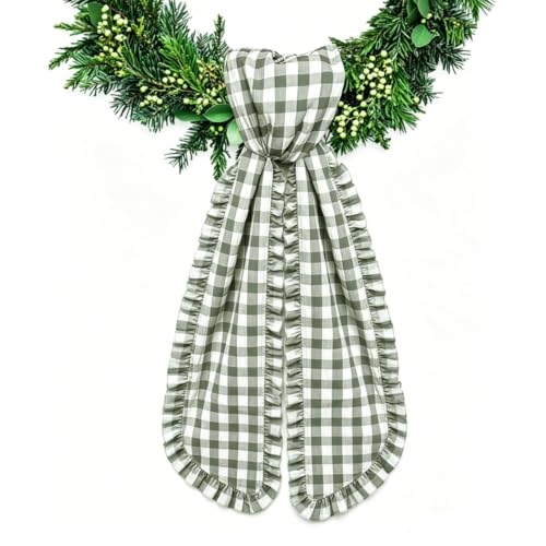 2-Pack Gingham Ruffled Wreath Sashes for Front Door - Sage Green Farmhouse Decor