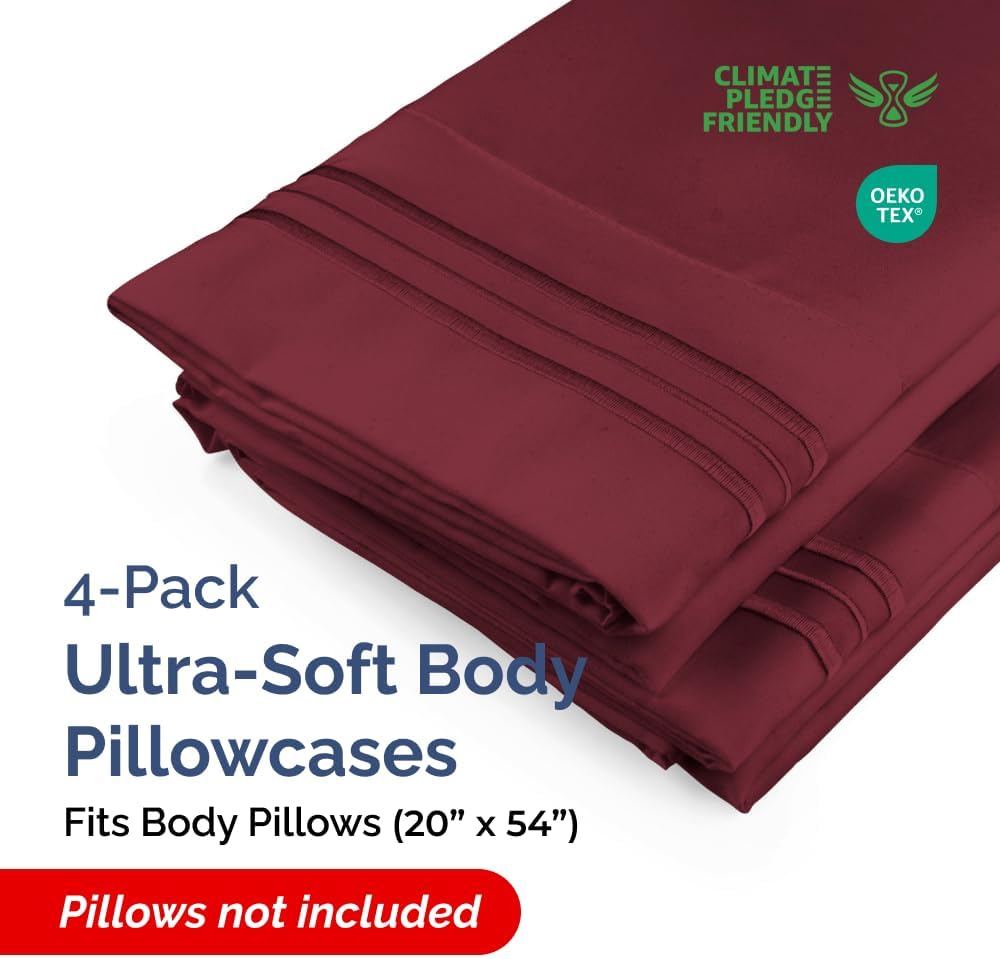 Skiennix Body Pillowcases Set of 4 | 20x54 Soft, Breathable Covers for Side Sleepers - Burgundy
