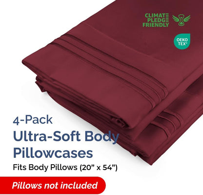 Skiennix Body Pillowcases Set of 4 | 20x54 Soft, Breathable Covers for Side Sleepers - Burgundy