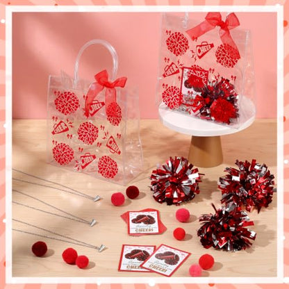 Red Cheerleader Gift Set Bulk 12 Pieces with Necklaces, Gift Bags, Ribbons