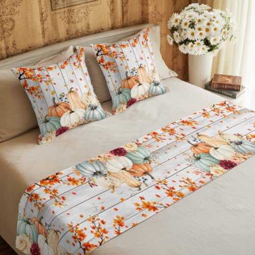 Fall Pumpkin and Maple Leaf Bed Runner Set with Matching Pillow Covers - Blue, Gray, Orange, White, 83x20 Inches