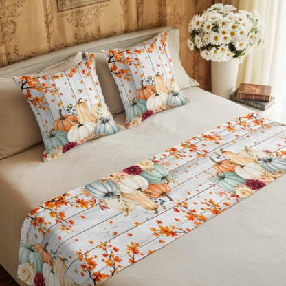 Fall Pumpkin and Maple Leaf Bed Runner Set with Matching Pillow Covers - Blue, Gray, Orange, White, 83x20 Inches