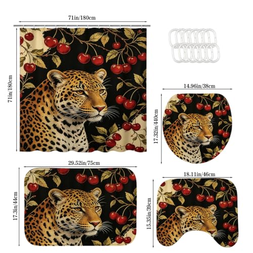 4-Piece Cherry Cheetah Bathroom Curtain Set with Rug and Accessories