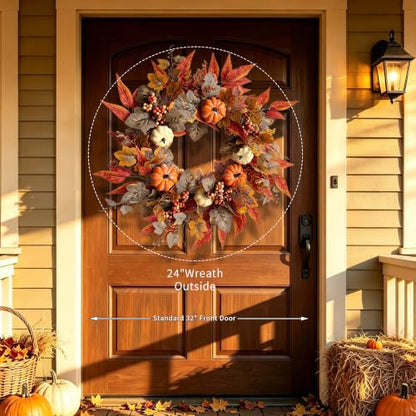 Artificial Fall Wreath for Front Door - Orange-Brown 22-24 Inch Autumn Decor
