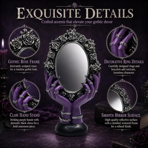 Purple Gothic Vanity Mirror with Witchy Hands and Black Rose Frame - Spooky Home Decor