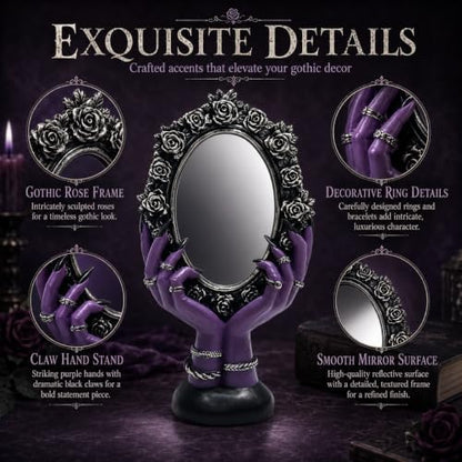 Purple Gothic Vanity Mirror with Witchy Hands and Black Rose Frame - Spooky Home Decor