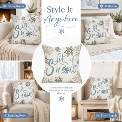 Let It Snow Pillow Cover 18x18 Winter Farmhouse Christmas Throw - Snowflakes Variation