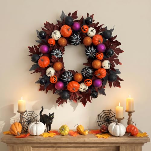 Halloween Ball Wreath for Front Door - 24 Inch Pumpkin Fall Decor Black Variation