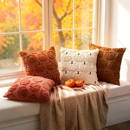 Fall Pumpkin Plush Throw Pillow Covers 18x18 Set of 2 - Rust, Autumn Decor