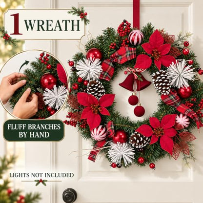 24 Inch Christmas Wreath with Poinsettias Pine Cones and Berries - Festive Holiday Decor