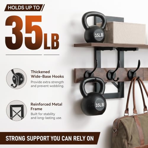 Brown Wall Mounted Coat Rack with Shelf and Dual Hooks - Rustic Entryway Organizer