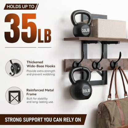 Brown Wall Mounted Coat Rack with Shelf and Dual Hooks - Rustic Entryway Organizer
